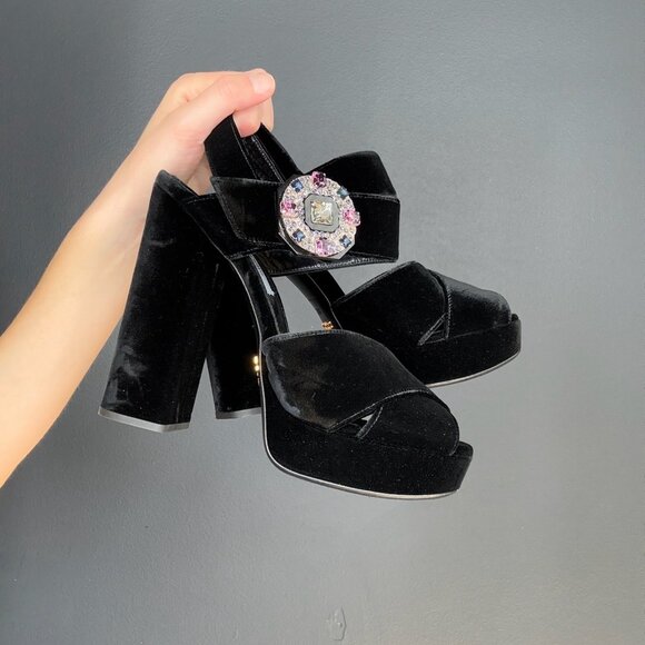 Prada Black Velvet & Crystal Heels - Picture 3 of 4
